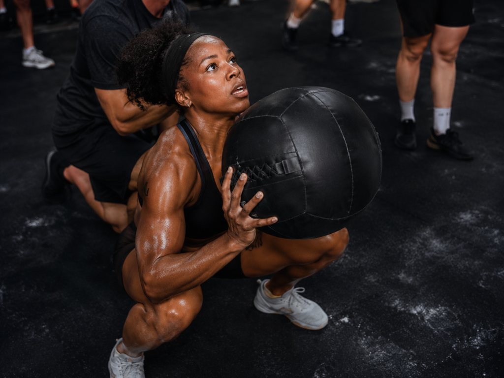 Hyrox athlete doing wall balls, female