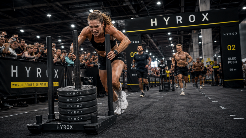 a Hyrox athlete in the sled push station