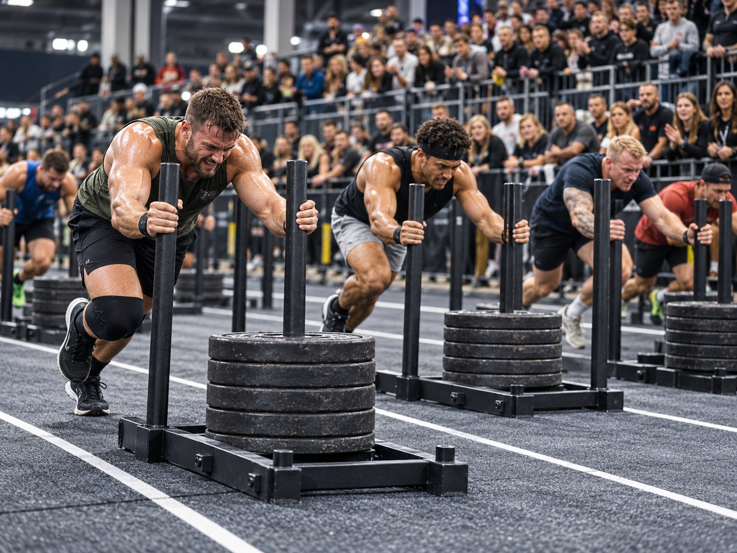Hyrox training. A group of male athletes